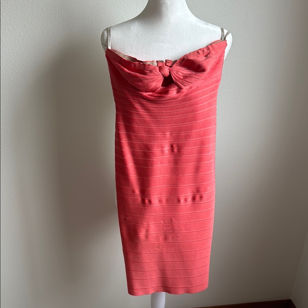 Herve Leger Small Arabella Pink Coral Off Shoulder Cocktail Dress